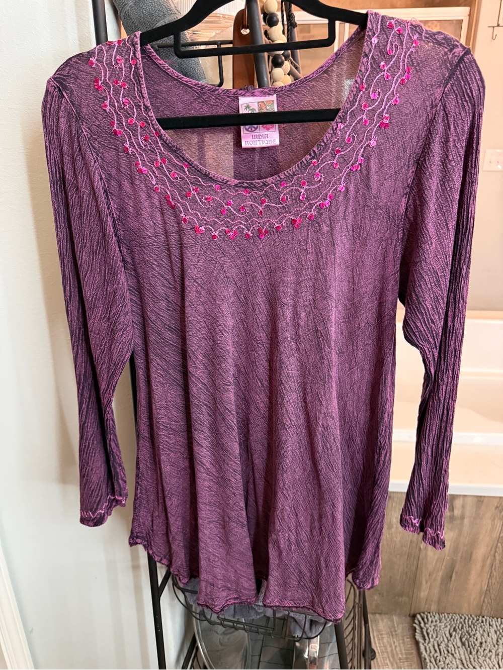 India Boutique Purple Long Sleeve Embroidered Scoop Neck Top
